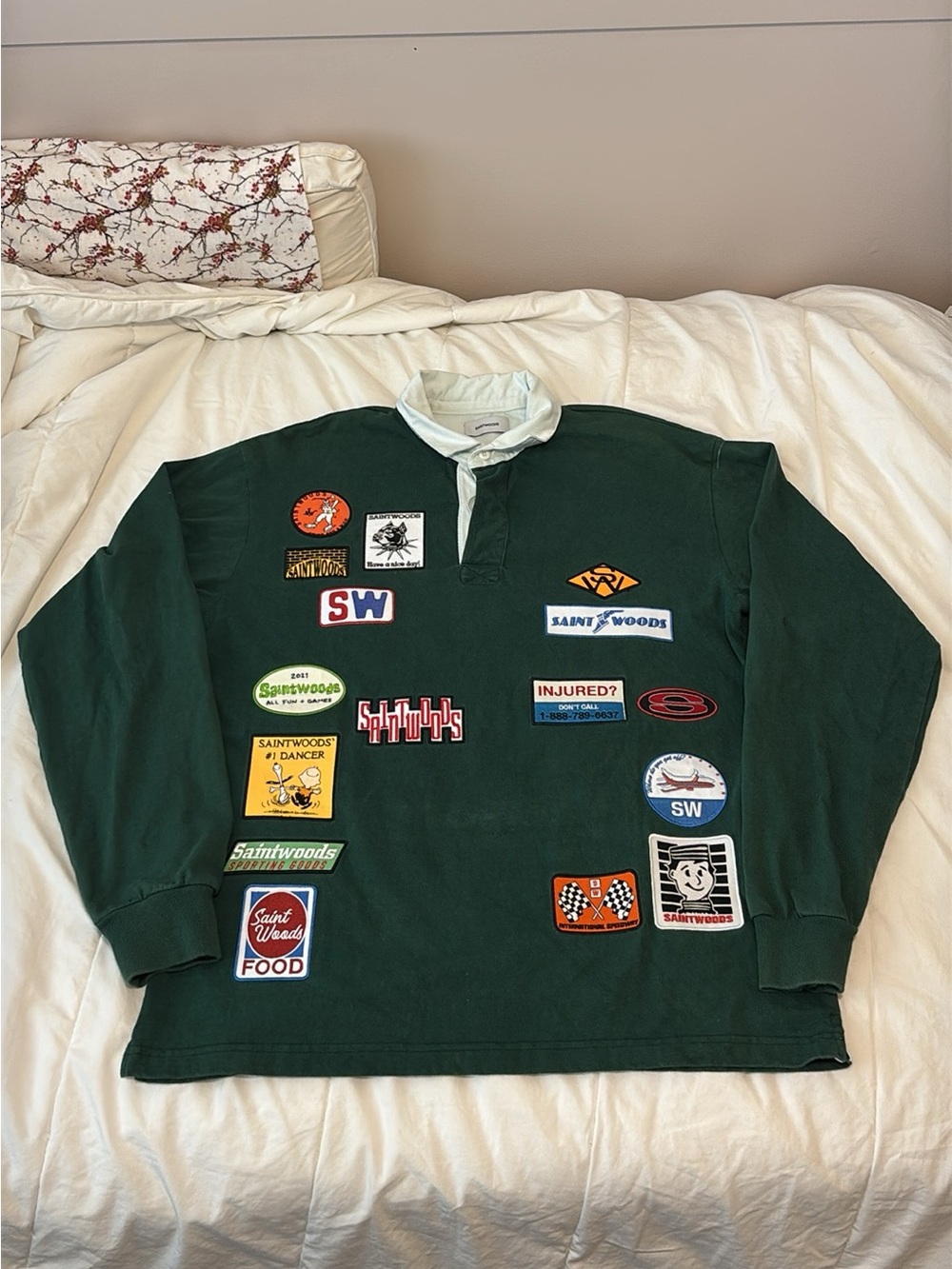 Dark Green Patchwork Rugby Shirt with White Collar